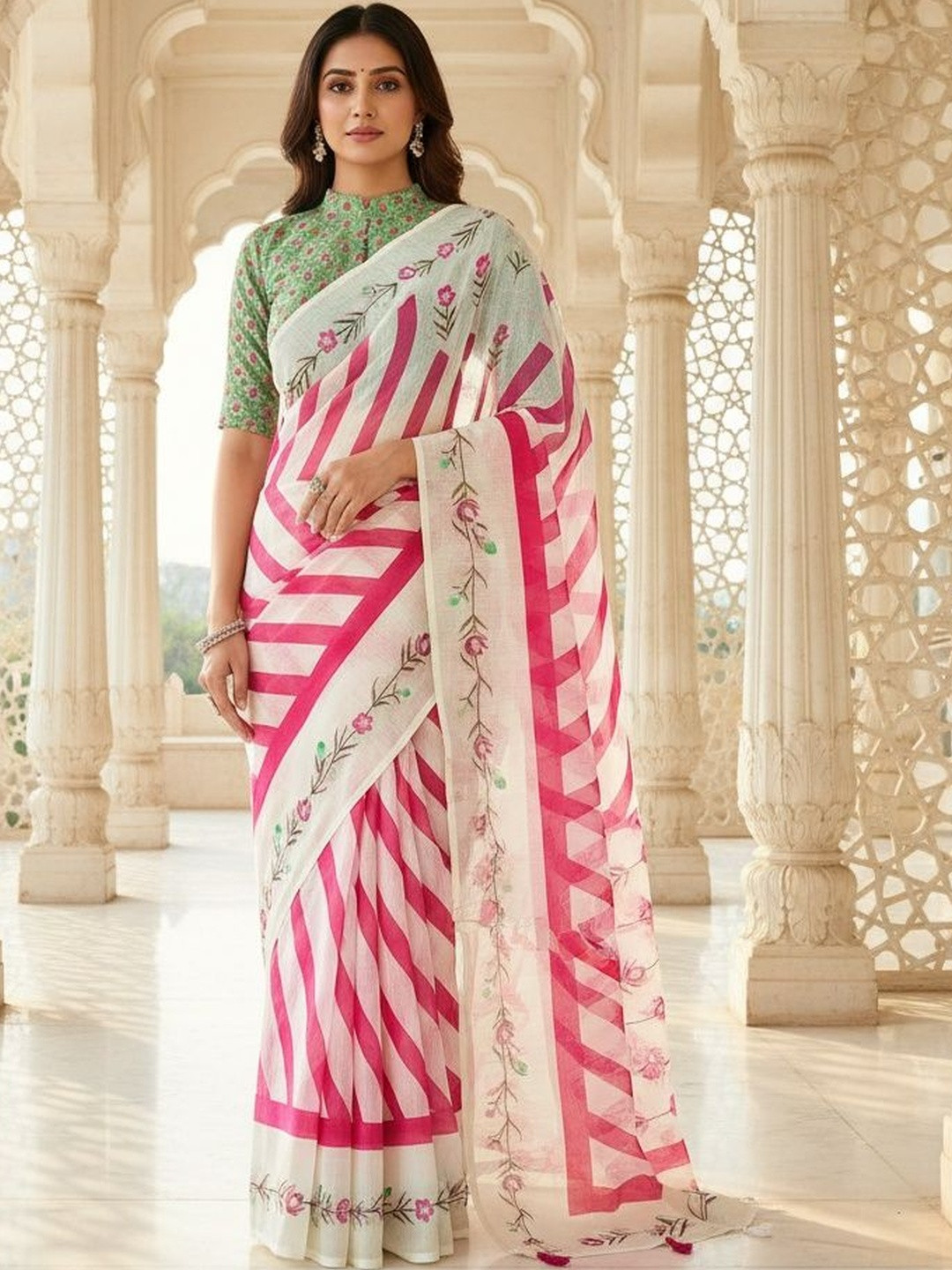 Moda Rapido Striped Linen Blend Saree