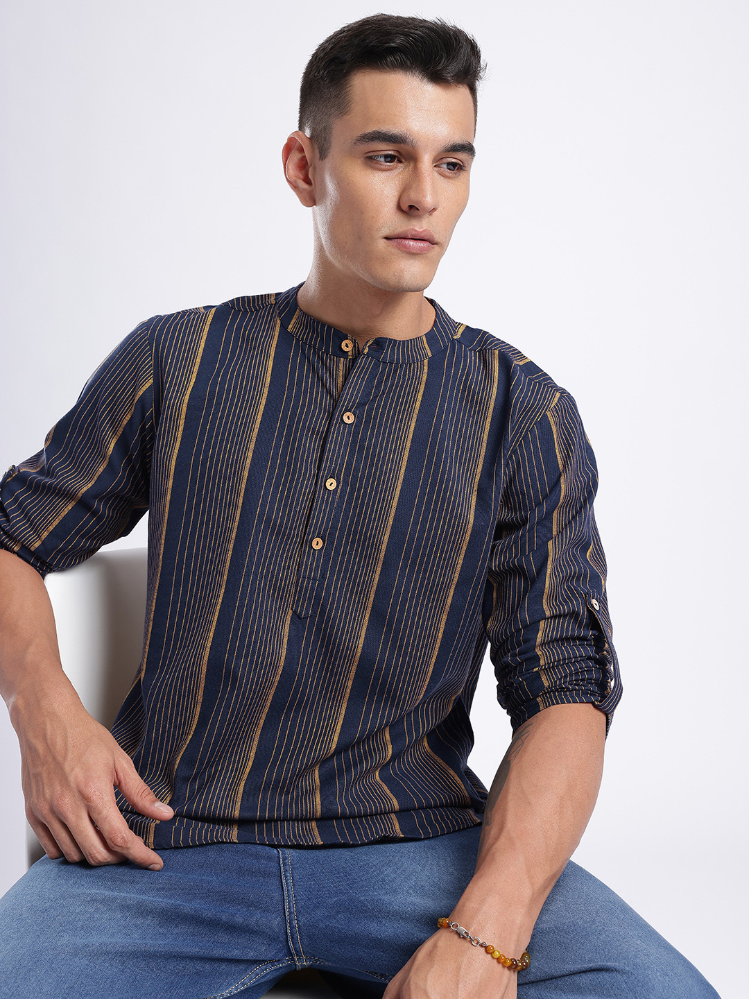 Anouk Rustic Striped Band Collar Roll-Up Sleeves Kurta