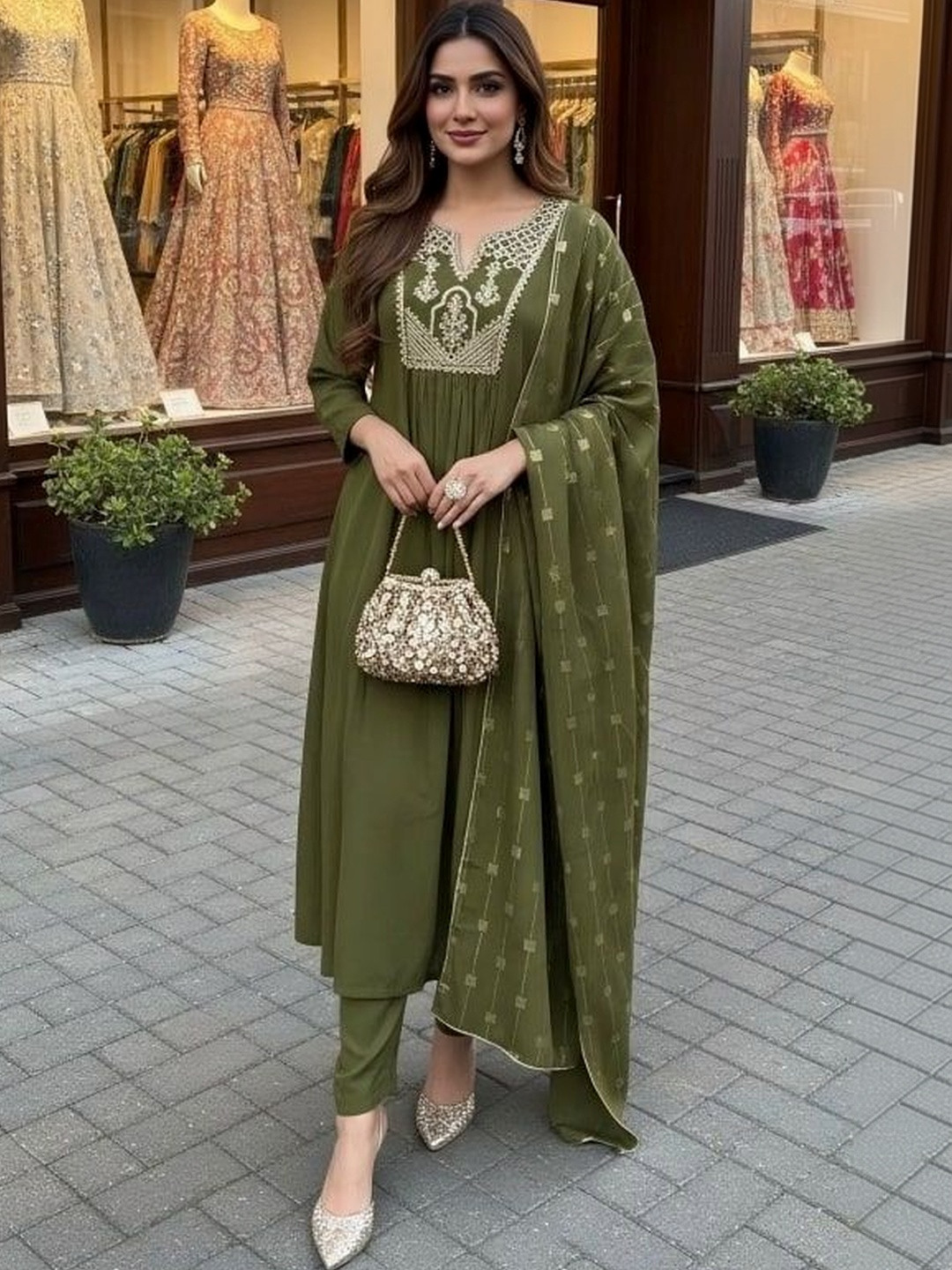 NEW ETHNIC 4 YOU Women Ethnic Motifs Embroidered Empire Thread Work Kurta with Trousers & With Dupatta