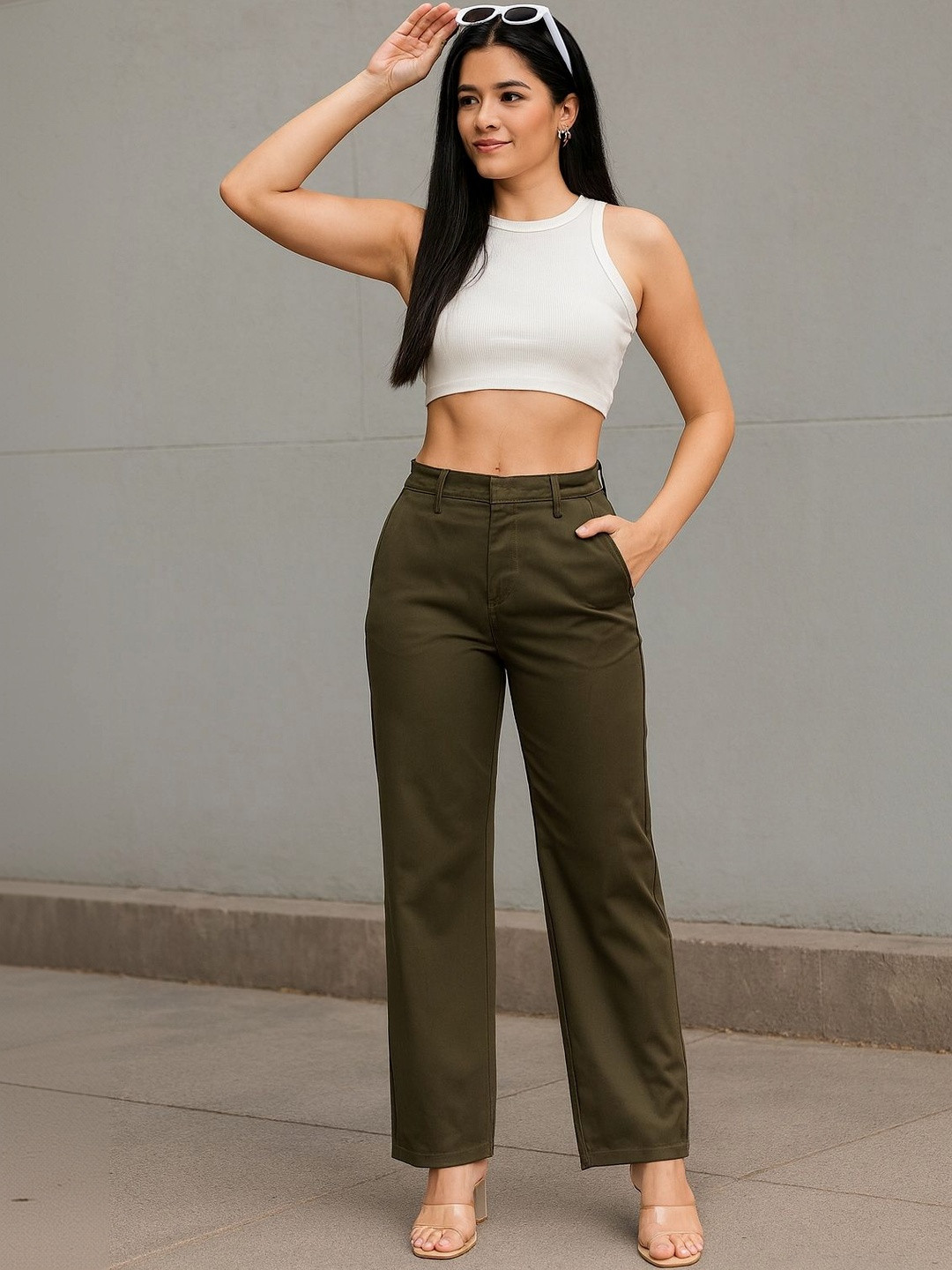 ZHEIA Women Relaxed Straight Leg Straight Fit High-Rise Trousers