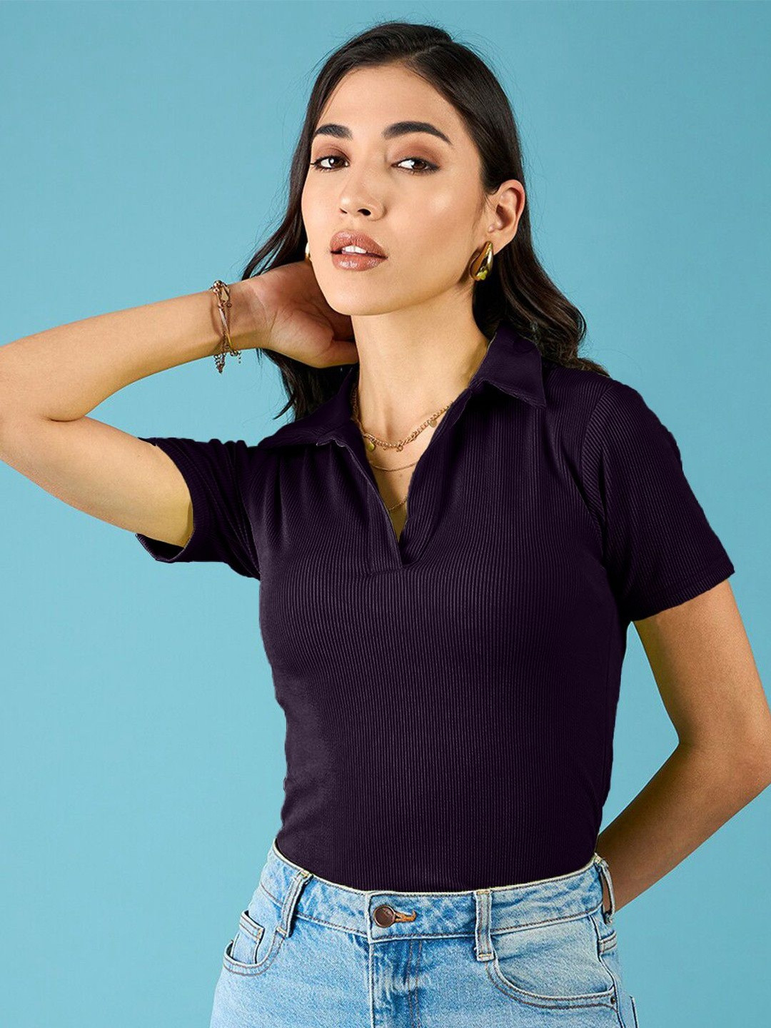 Fabflee Shirt Collar Short Sleeves Top