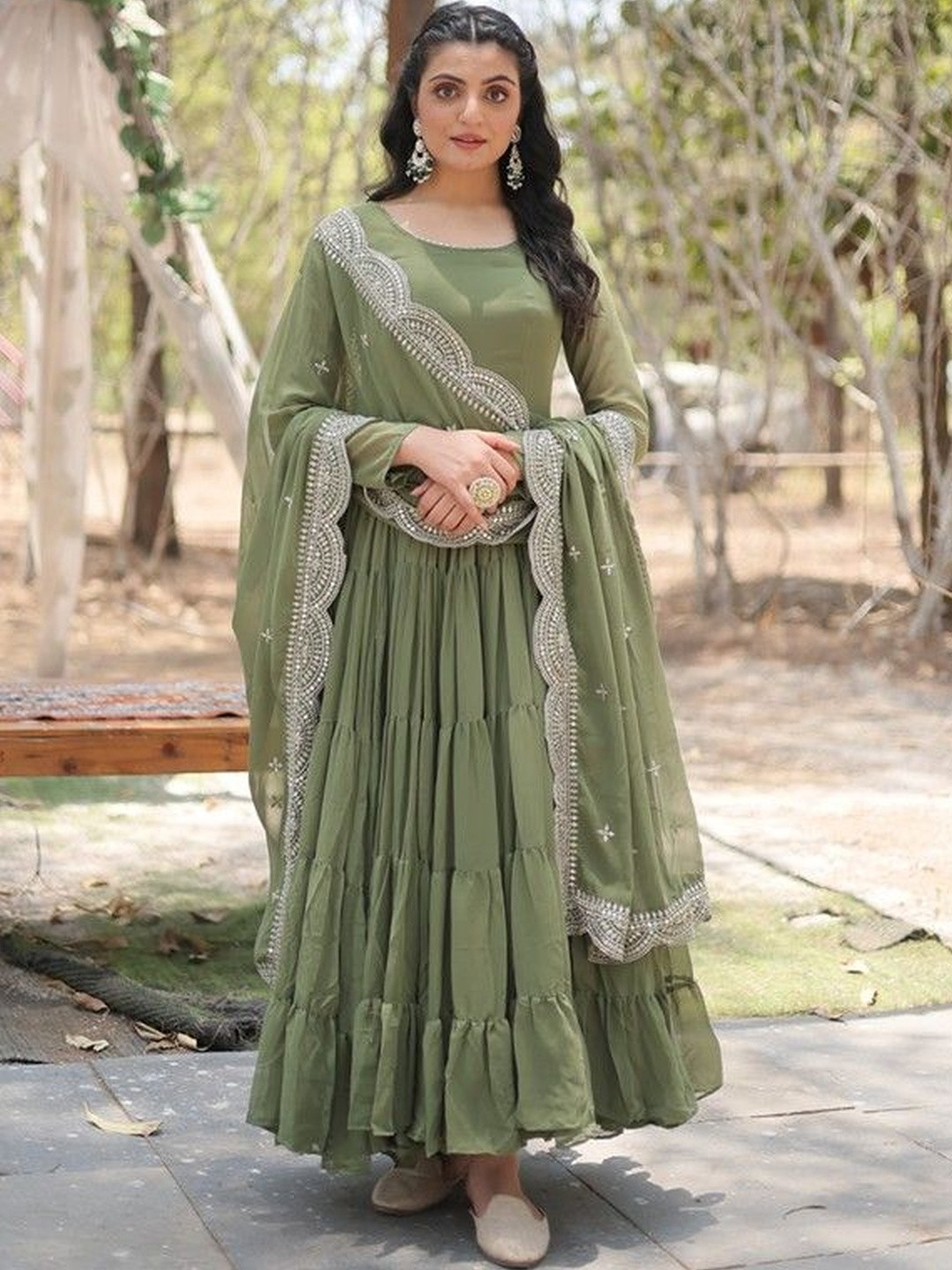 Livewear Round Neck Long Sleeves Georgette Dress With Dupatta