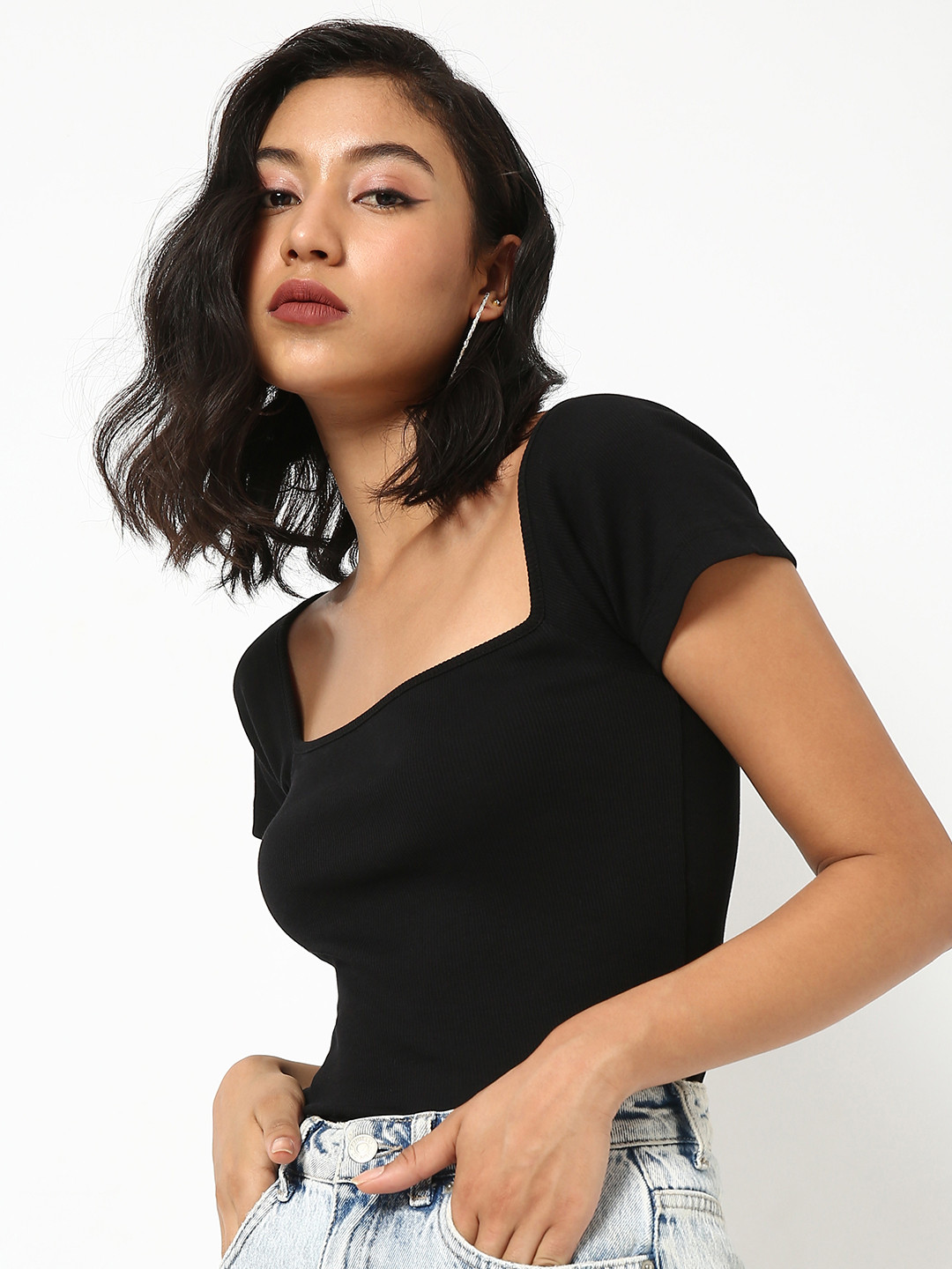 IZF Women Square Neck Fitted Cotton Top.
