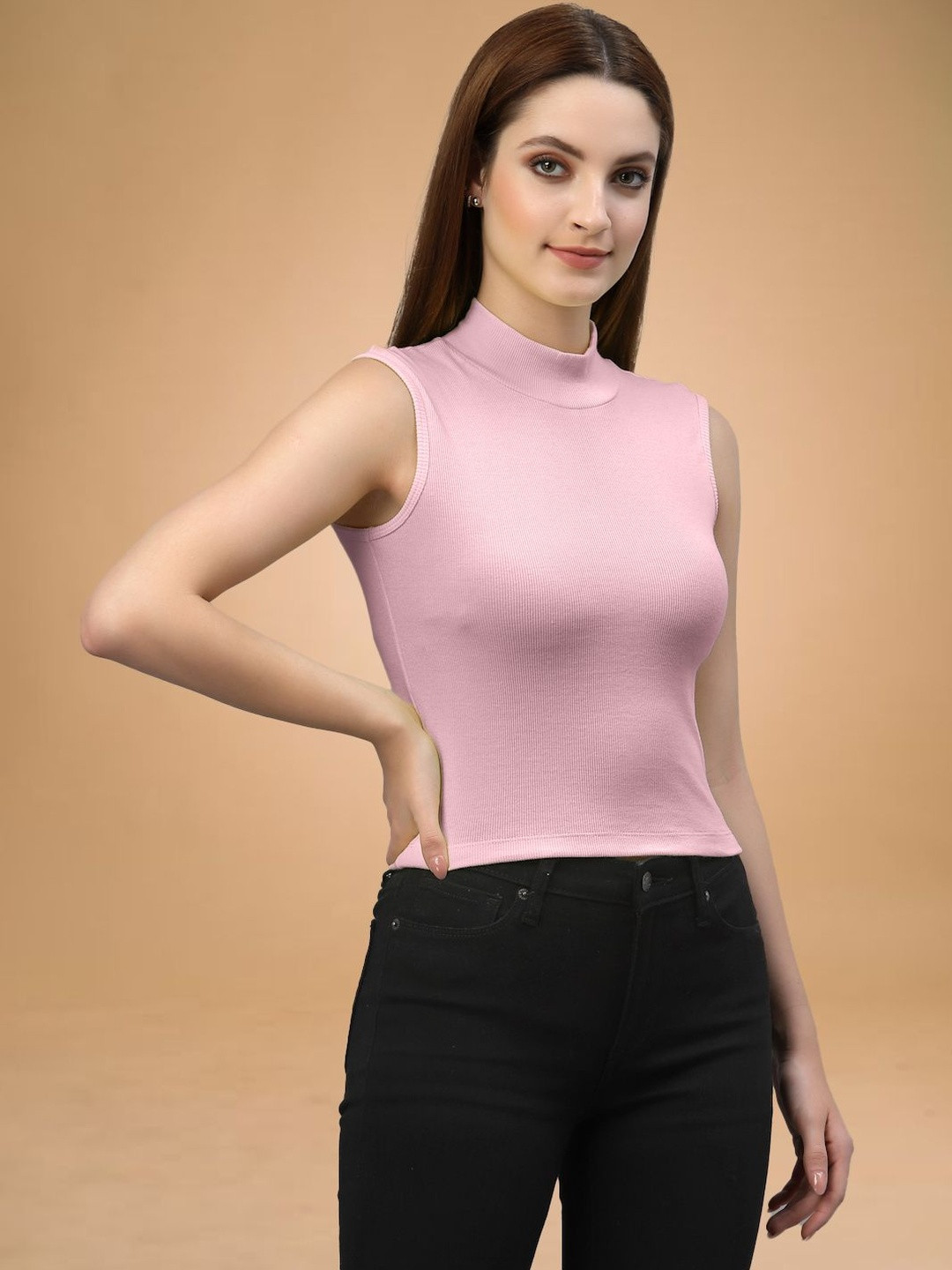 Friskers Women Ribbed High Neck Cotton Fitted Top