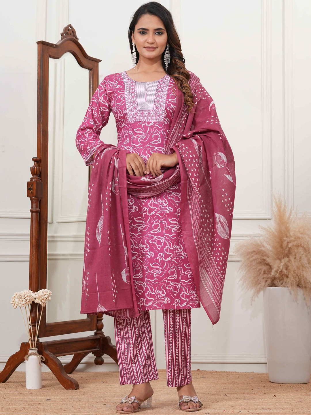 ROSHNI Women Floral Embroidered Round Neck Pure Cotton Regular Kurta With Trousers & Dupatta