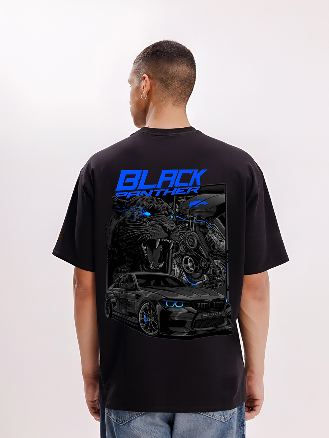 BDSQUARE Men Black Panther Graphic Printed Short Sleeves Round Neck Oversized T-shirt