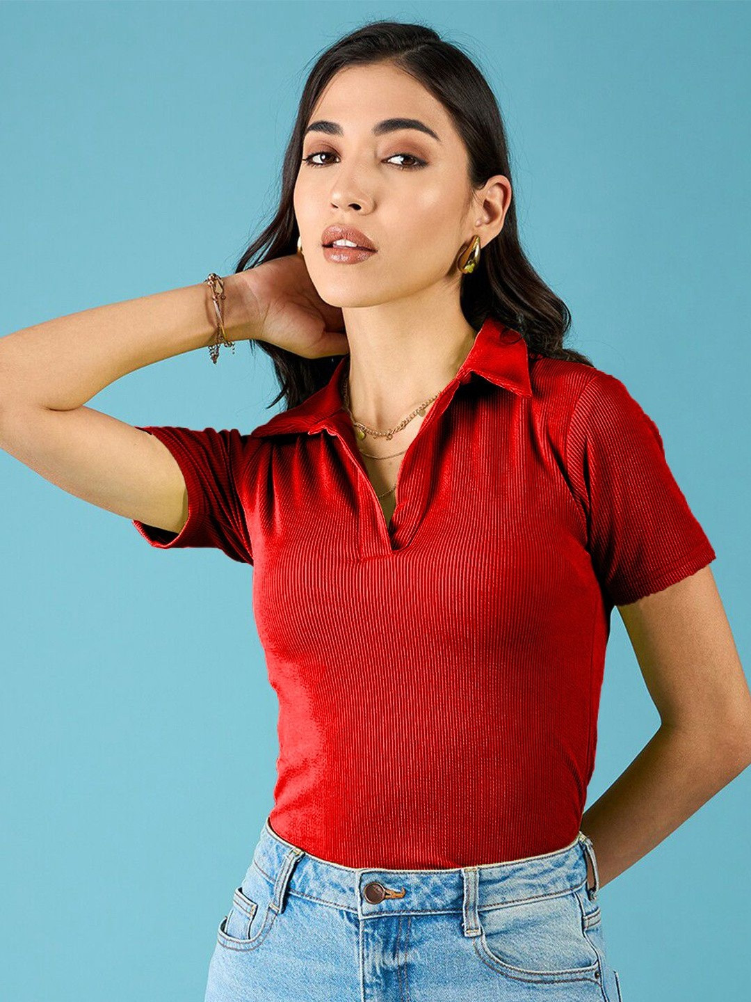 Fabflee Shirt Collar Short Sleeves Top
