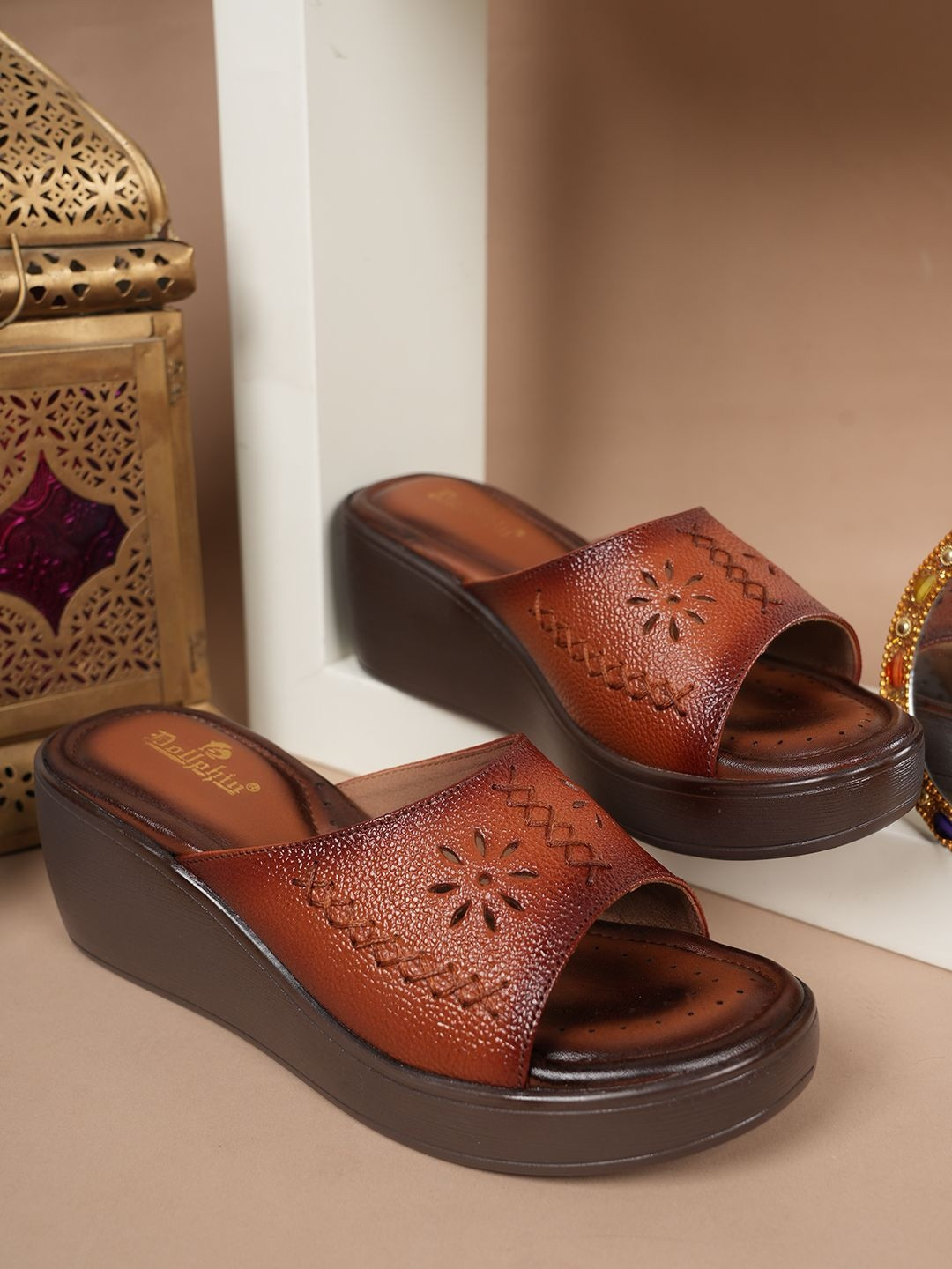 Dollphin Textured Leather Wedge Sandals with Laser Cuts