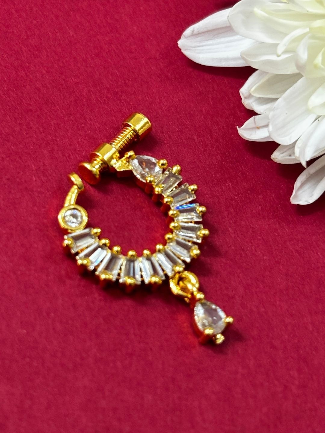 VIVAZS Gold-Plated Cubic Zirconia Studded Ring Nosepin