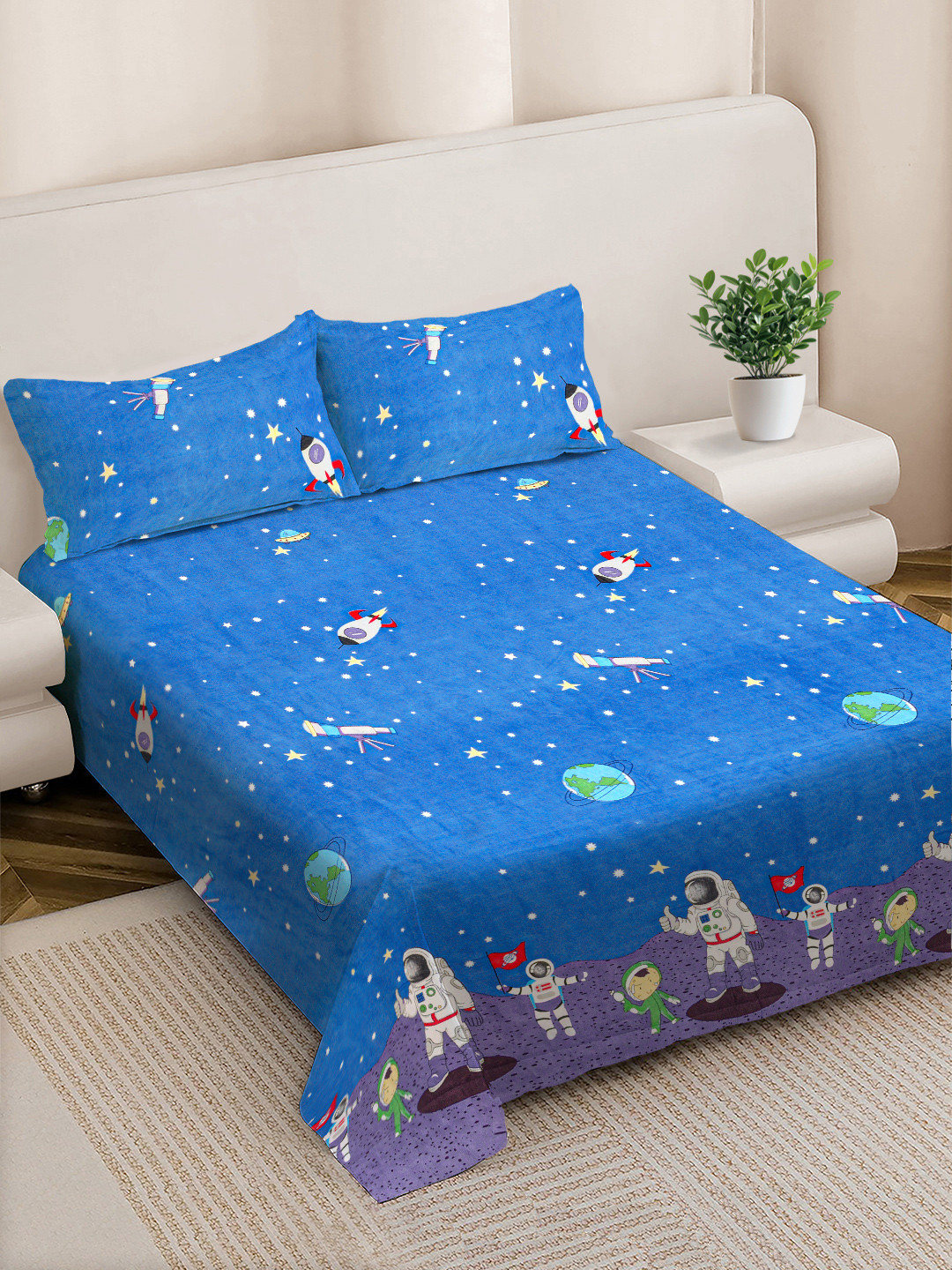 FABINALIV Blue Cartoon Print Polycotton 300 TC King Fine Bedsheet with 2 Pillow Covers