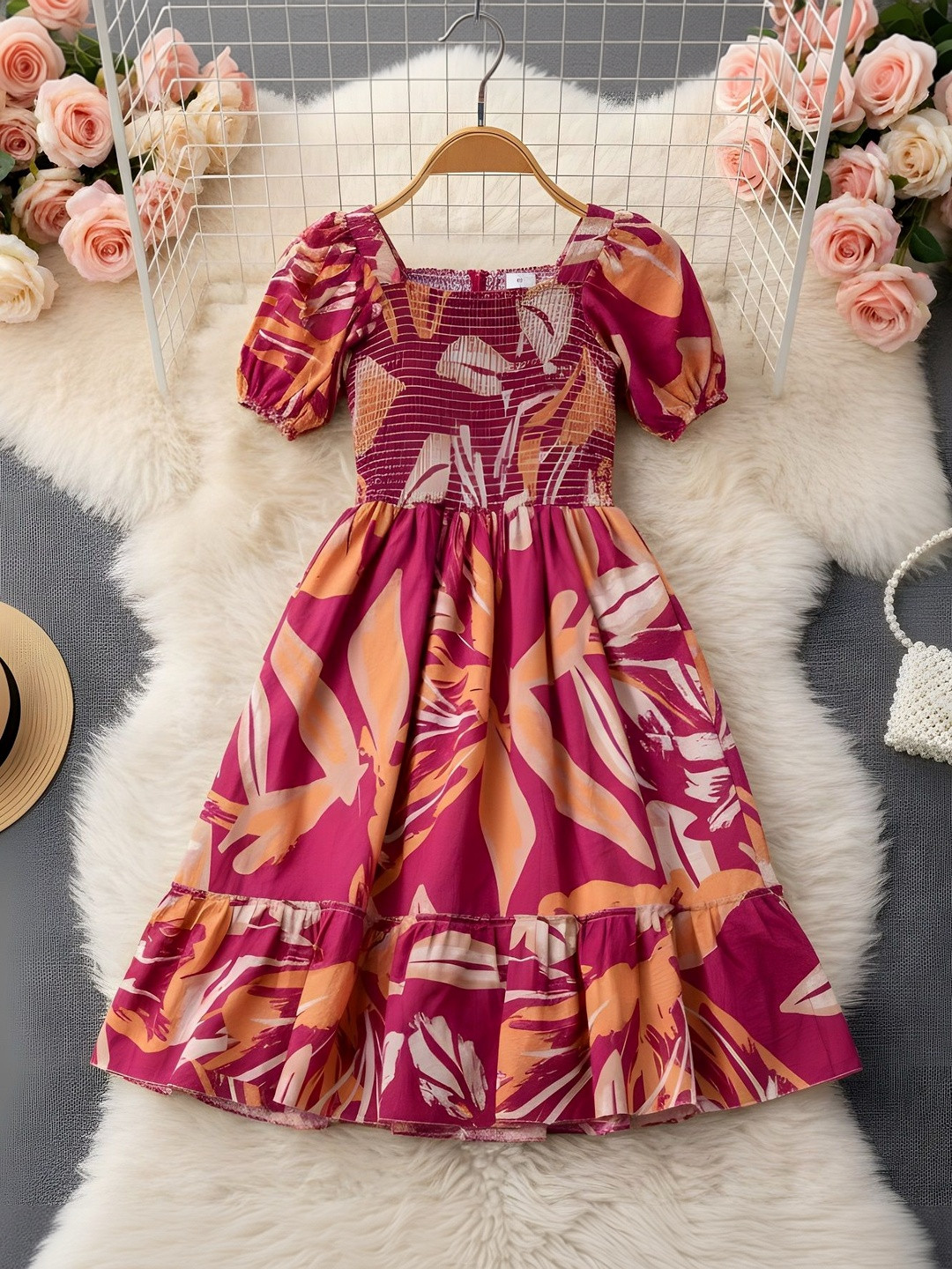 FIXOCRA Flutter Sleeve Crepe Fit & Flare Midi Dress