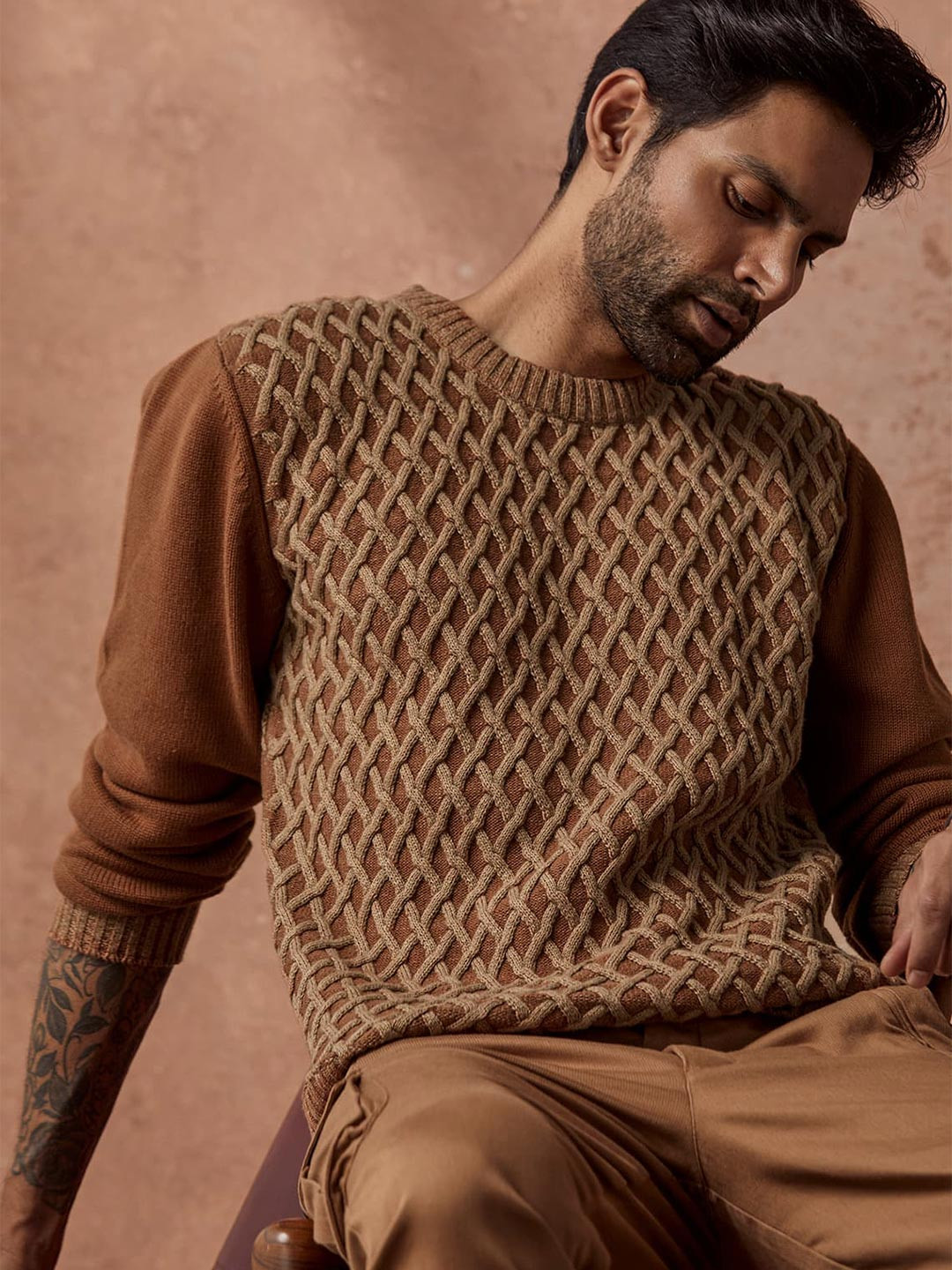 Andamen Brown Self Design Cable Knit Cotton Pullover Full Sleeve Sweater