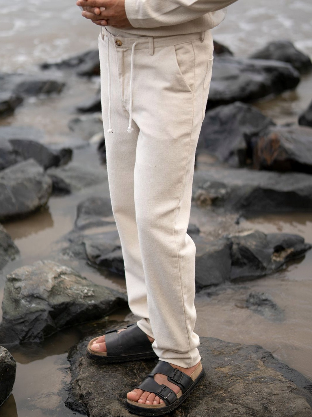 Powerlook Cream Structured Solid Trousers