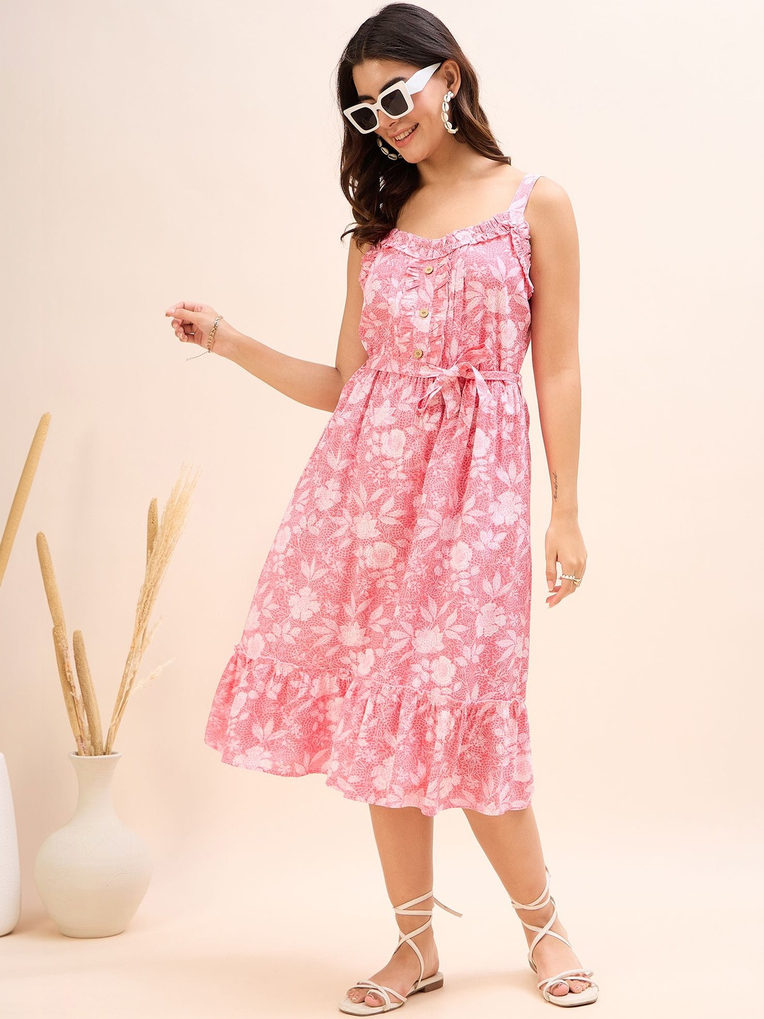 INVI Floral Print Ruffled Fit & Flare Midi Dress
