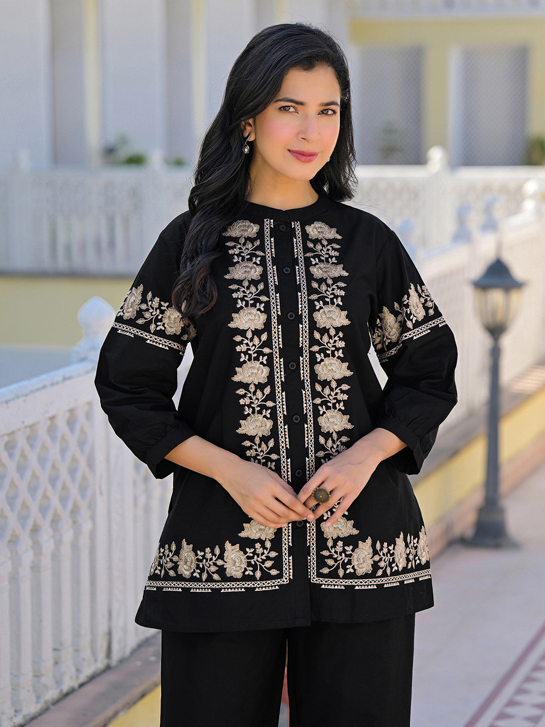 SANISA Embroidered Black Cotton Co Ords for Women