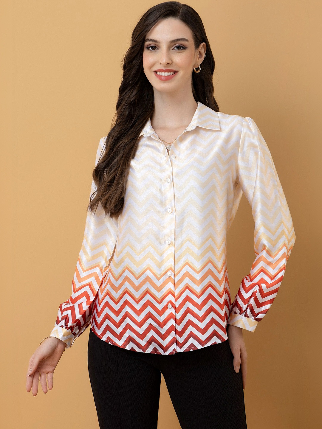 PURYS Women Classic Chevron Printed Casual Shirt