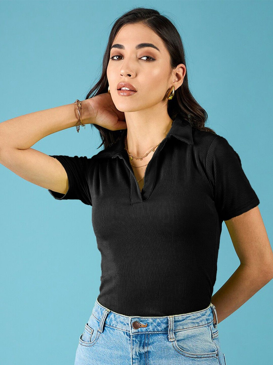 Fabflee Shirt Collar Short Sleeves Top
