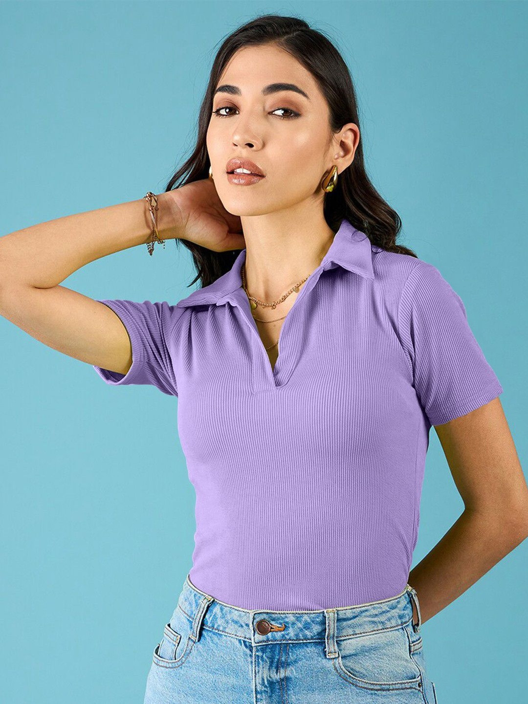 Fabflee Shirt Collar Short Sleeves Top