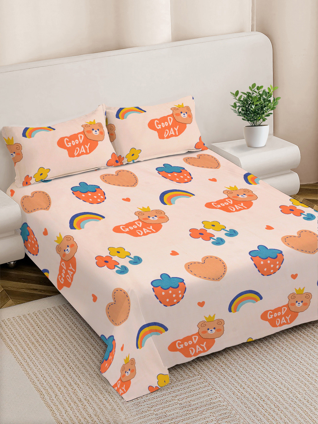 FABINALIV Peach Cartoon Print Polycotton 300 TC King Fine Bedsheet with 2 Pillow Covers