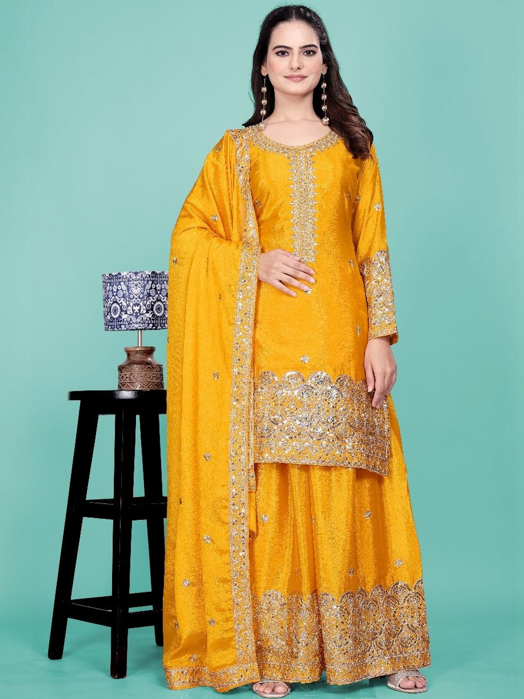 SHISHKALA Women Ethnic Motifs Embroidered Sequinned Pure Silk Kurta With Sharara & Dupatta