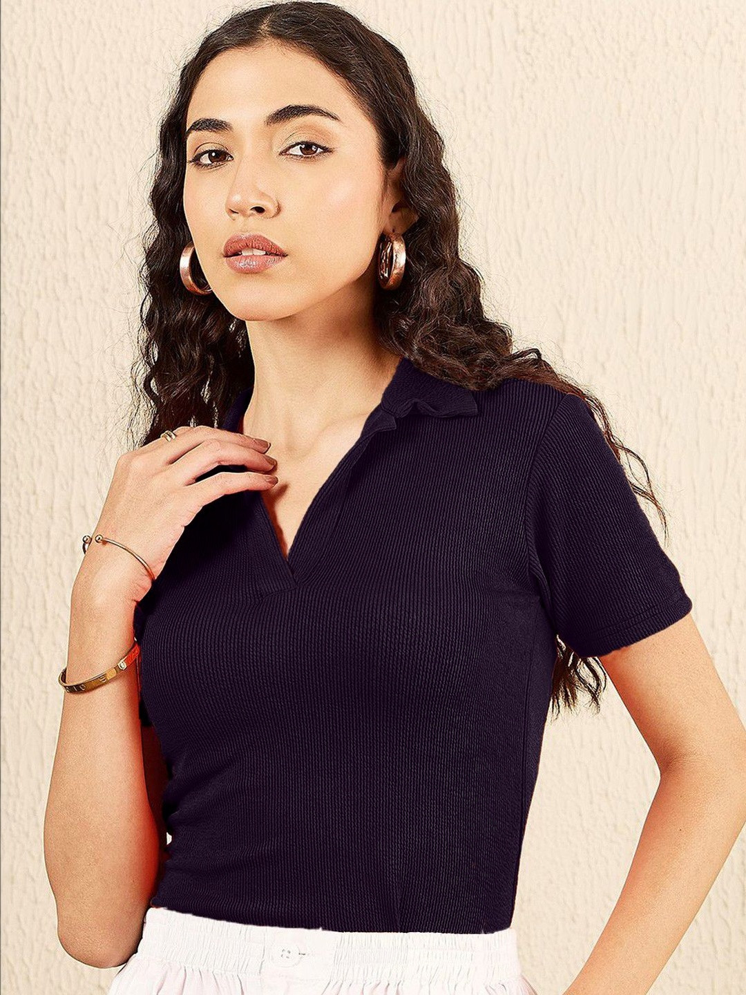Fabflee Shirt Collar Short Sleeves Top
