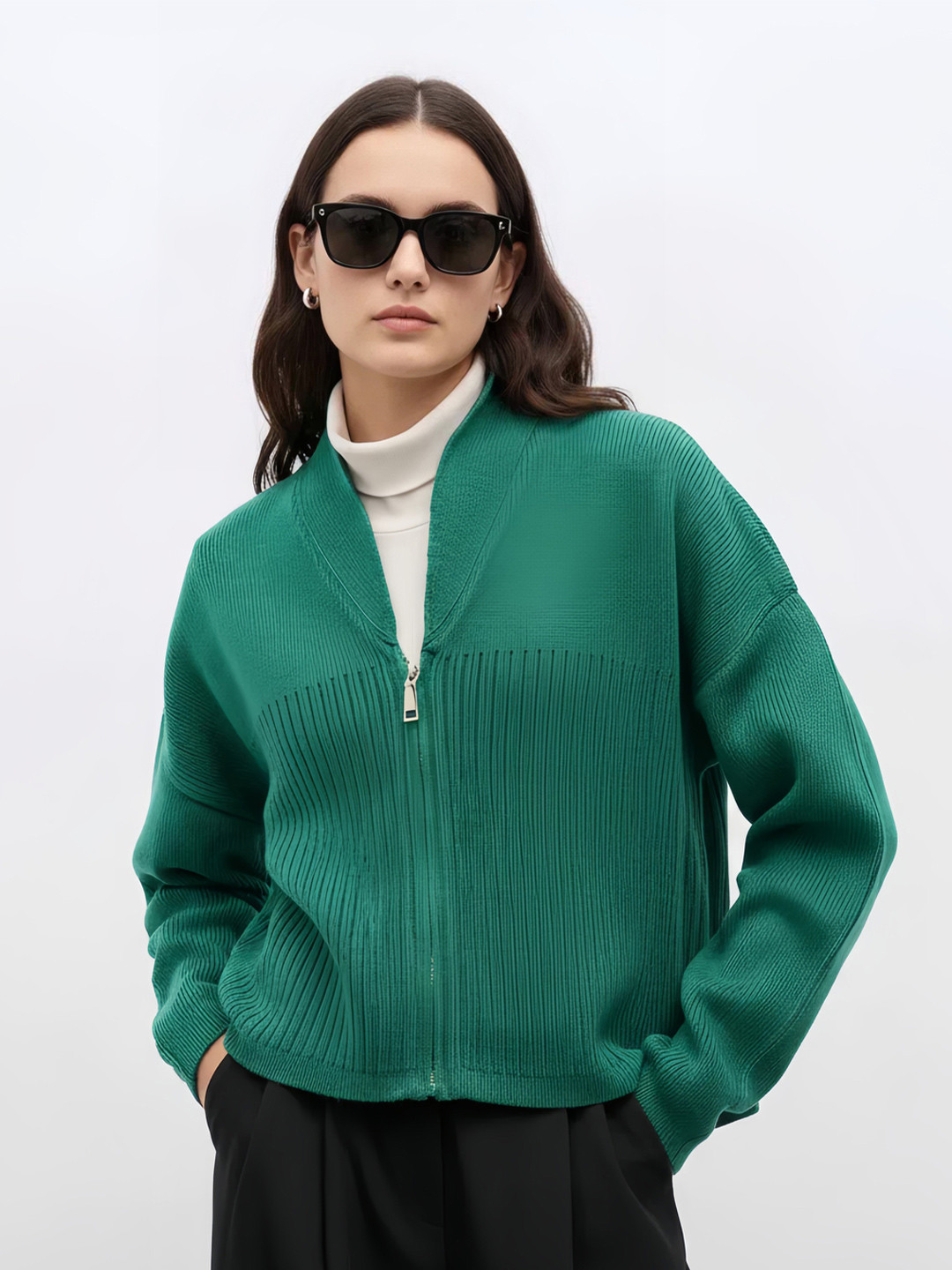 Styli Women Regular Fit Drop Shoulder Ribbed V Neck Zipper Cardigan