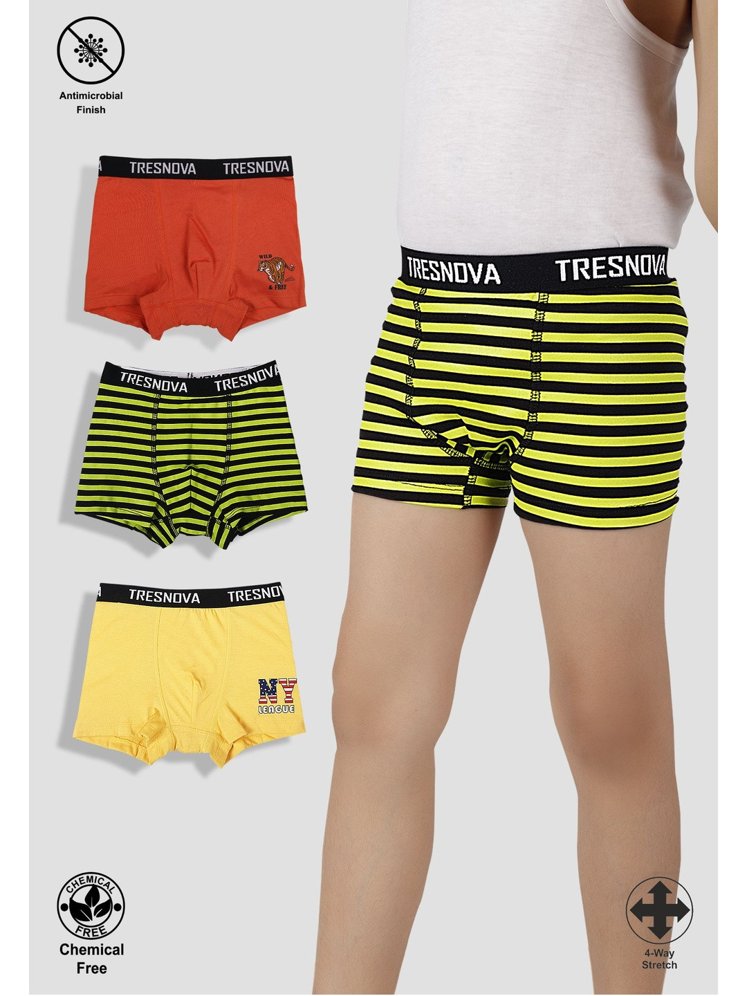 TRESNOVA Boys Pack Of 3 Striped Pure Cotton Mid-Rise Boxer-Style Briefs
