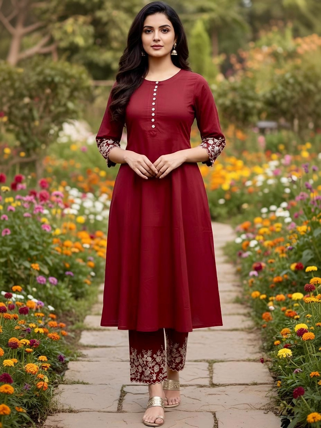 AADIVAA Women Ethnic Motifs Panelled Thread Work Pure Cotton Kurta with Trousers
