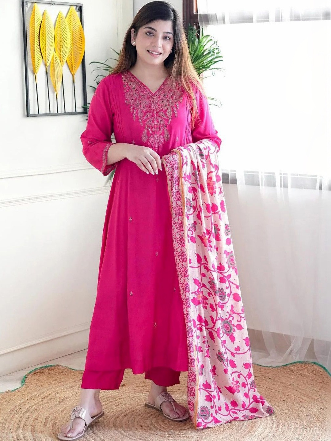 KALINI Women Embroidered Regular Thread Work Pure Cotton Kurta with Palazzos & With Dupatta