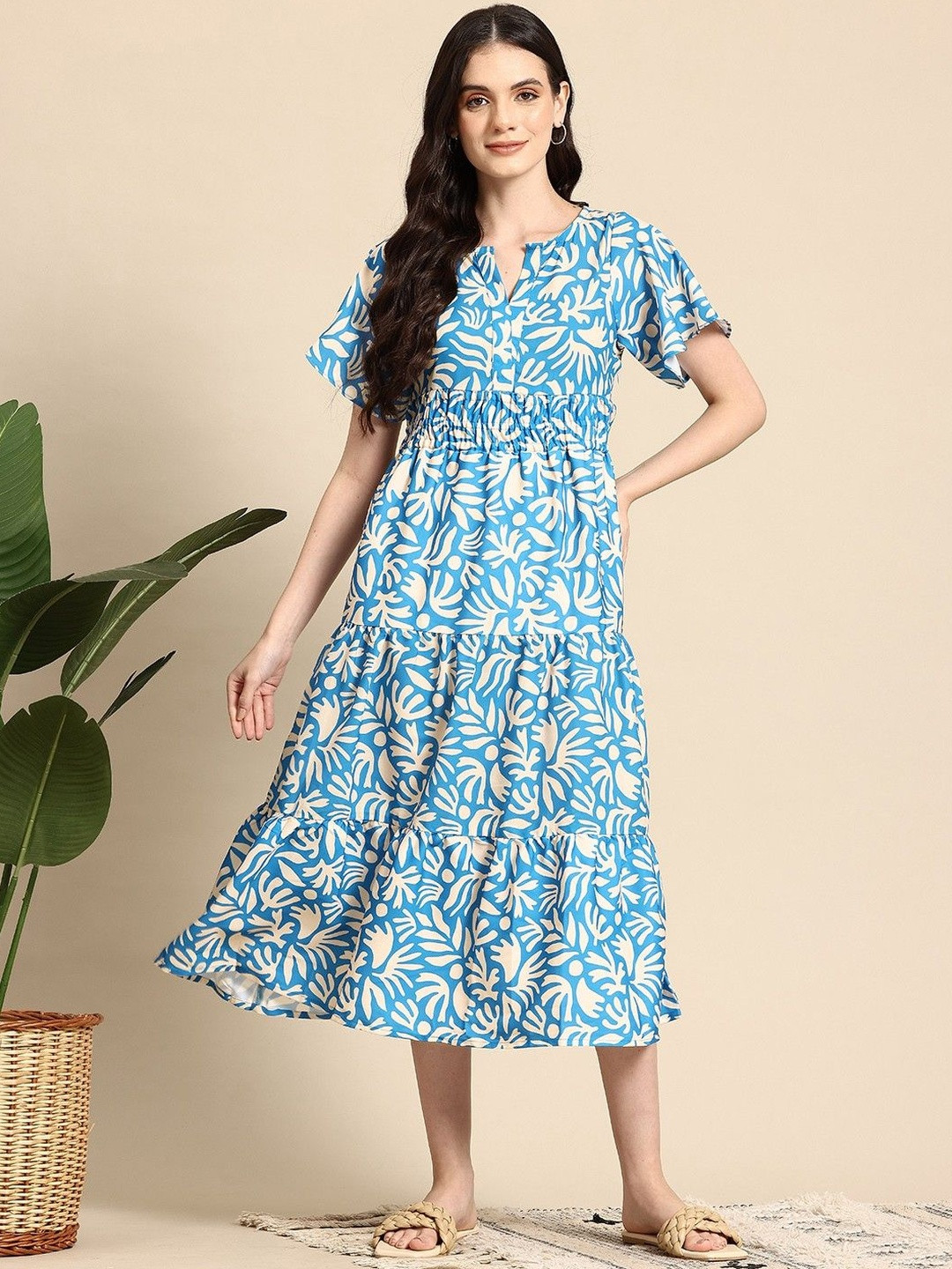 Moda Rapido Floral Print Flared Sleeve Crepe A-Line Midi Dress