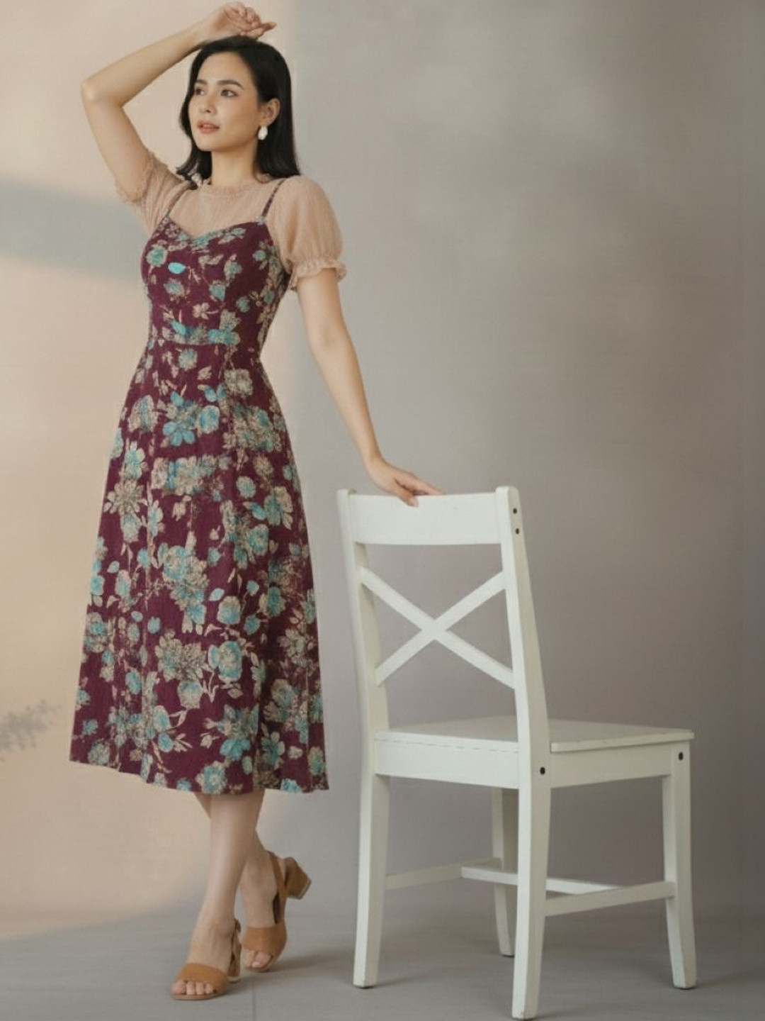 Ethniclook Floral Print Puff Sleeve Fit & Flare Midi Dress