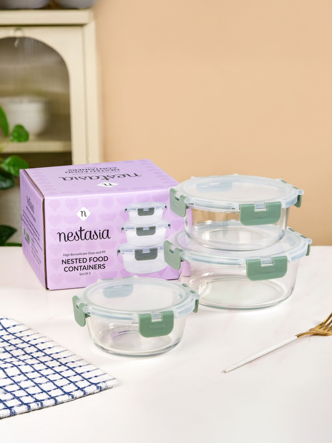 Nestasia Transparent Glass Dishwasher & Microwave 3 Pieces Clip-On Fridge Containers