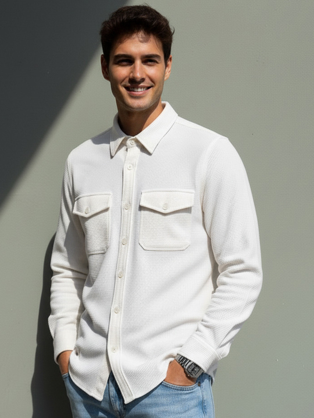 VEYTRO Textured Spread Collar Jacquard Fabric Casual Shirt