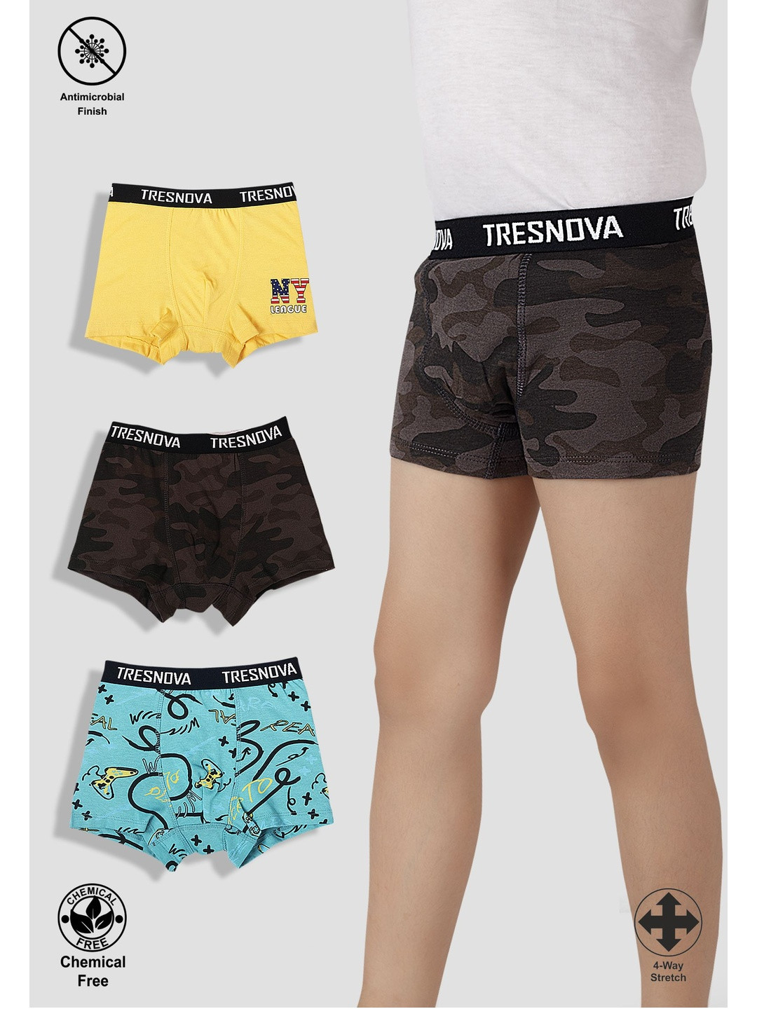 TRESNOVA Boys Pack Of 3 Printed Pure Cotton Mid-Rise Boxer-Style Briefs
