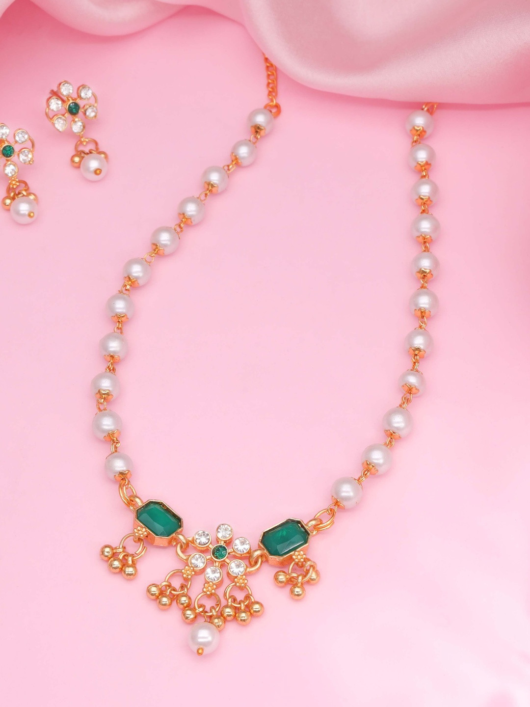 Sangria Gold-Plated American Diamond-Studded & Beaded Designer Adjustable Jewellery Set