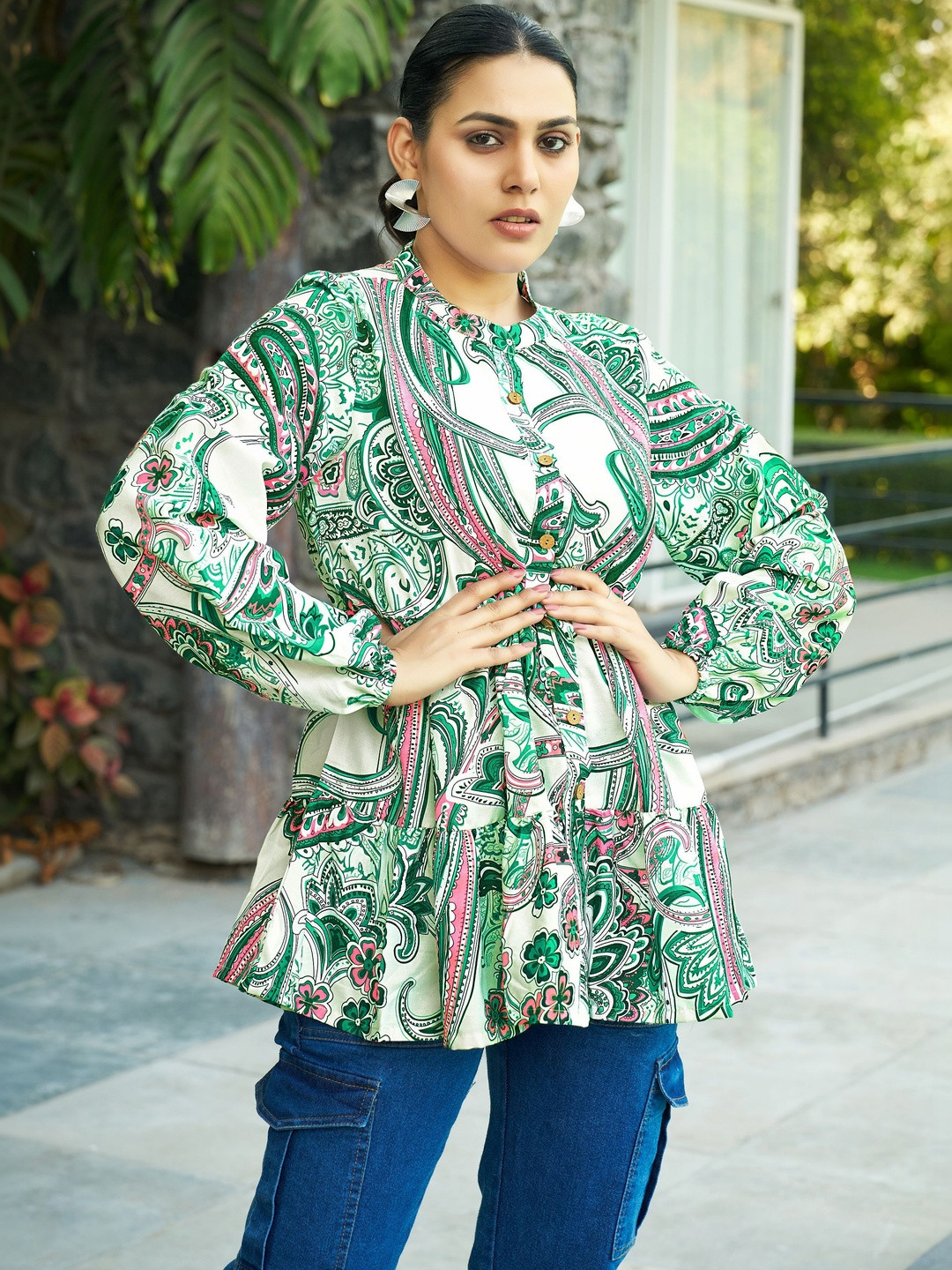 SZN Ethnic Motifs High Neck Long Sleeve Peplum Top