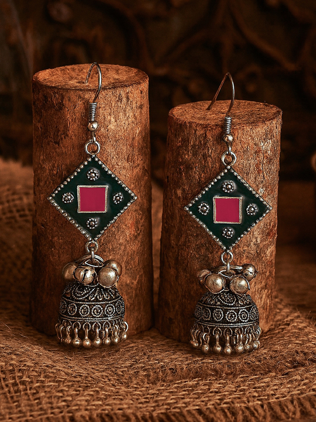EVERSTYLISH Silver-Plated Artificial Beaded Oxidised Dome Shaped Jhumkas
