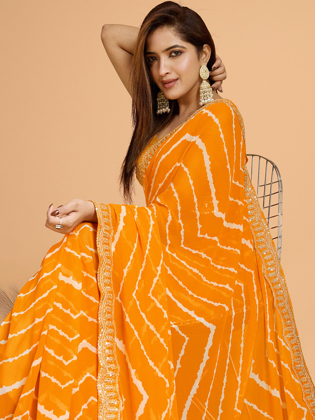 House of Pataudi Women Striped Printed Zari Festive Leheriya Saree