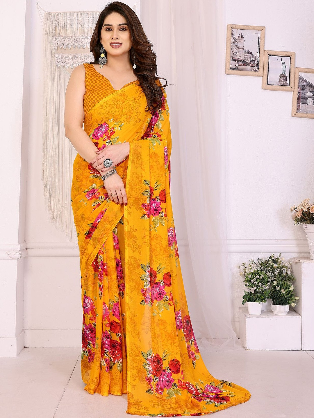 JANOI Floral Poly Georgette Designer Saree