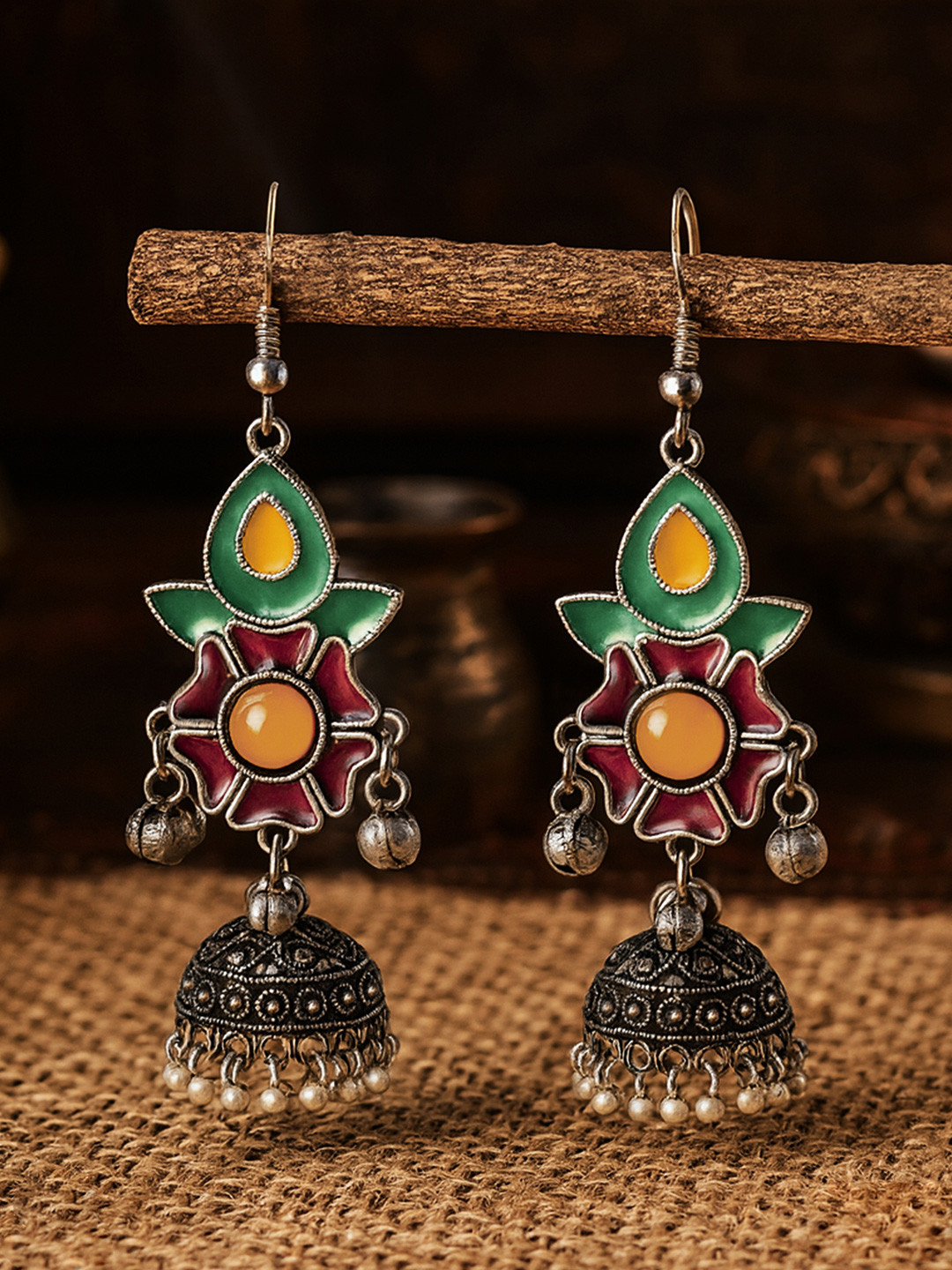 EVERSTYLISH Silver-Plated Artificial Stones Studded & Beaded Oxidised Dome Shaped Jhumkas