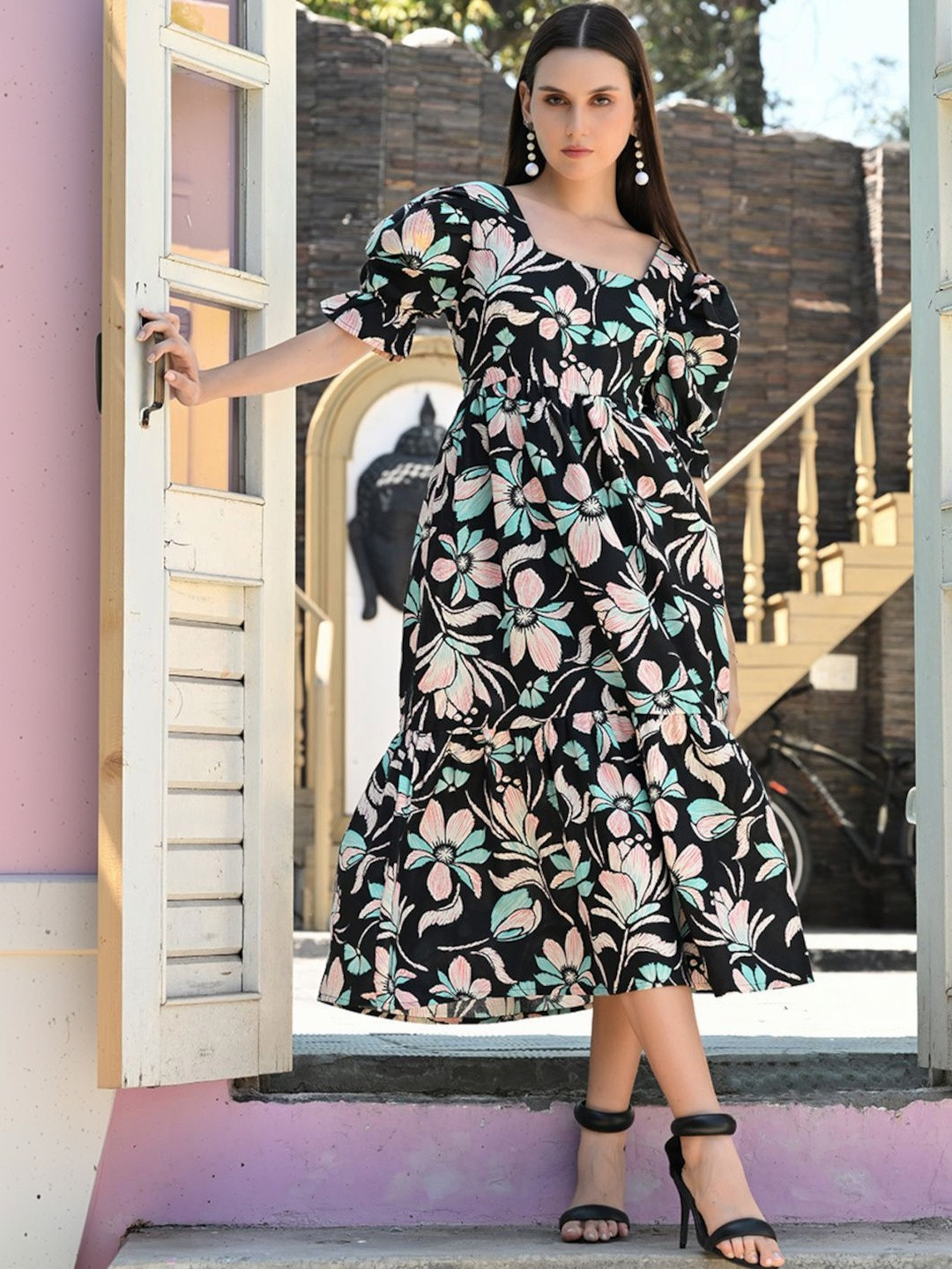 Moda Rapido Floral Print Puff Sleeve Crepe A-Line Midi Dress