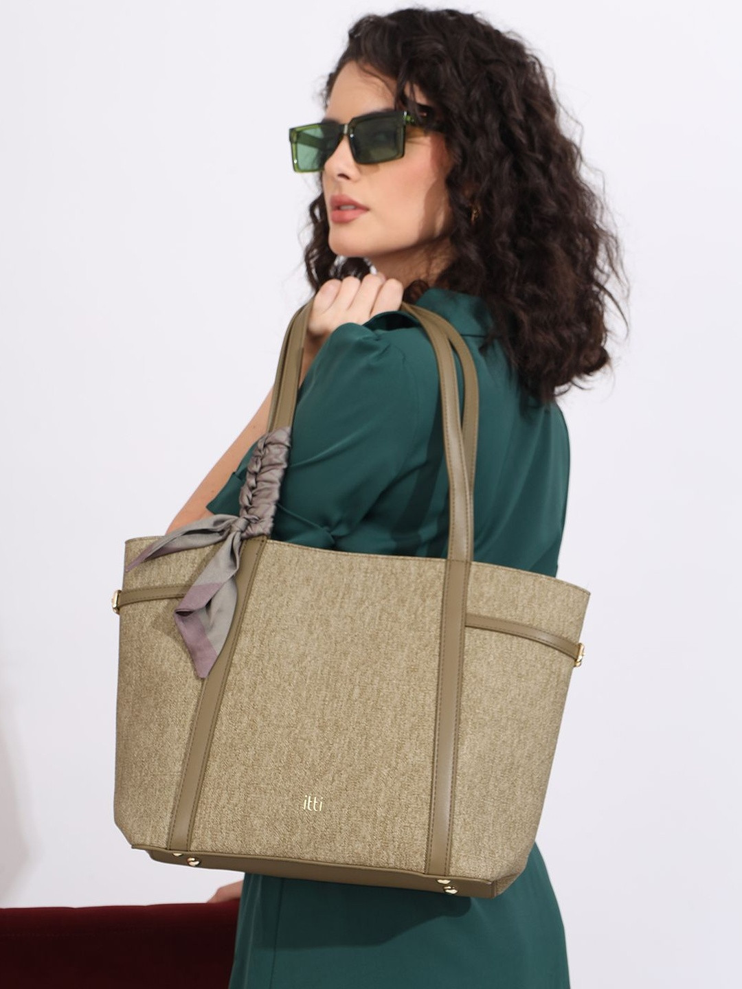itti Textured PU Structured Tote Bag with Bow Detail