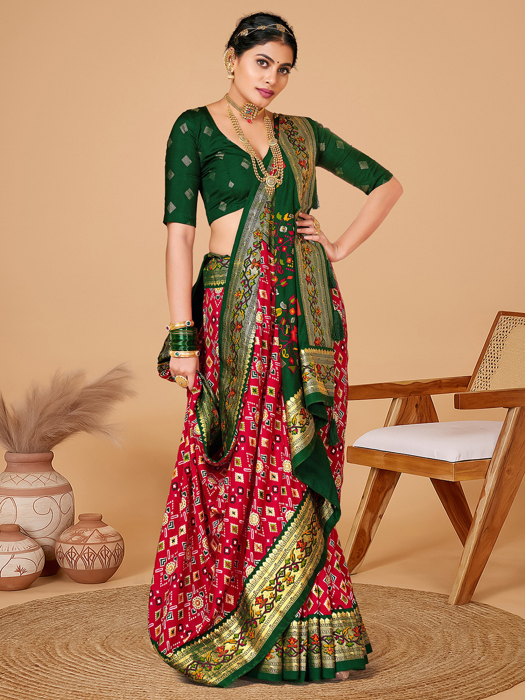 House of Pataudi Ethnic Motifs Printed Woven Design Patola Saree With Matching Blouse