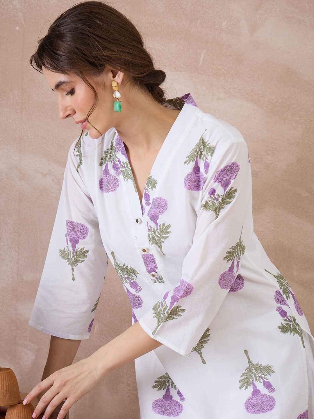 Indo Era Women Floral Printed Regular Pure Cotton Kurta with Trousers