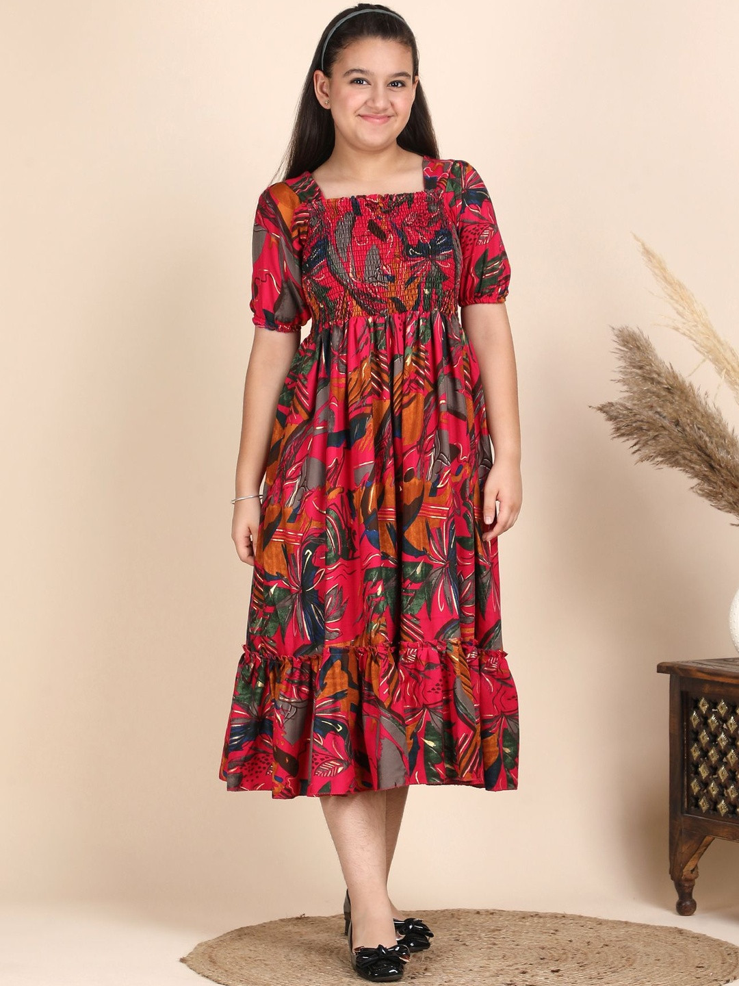 FIXOCRA Floral Print Puff Sleeve Empire Midi Dress