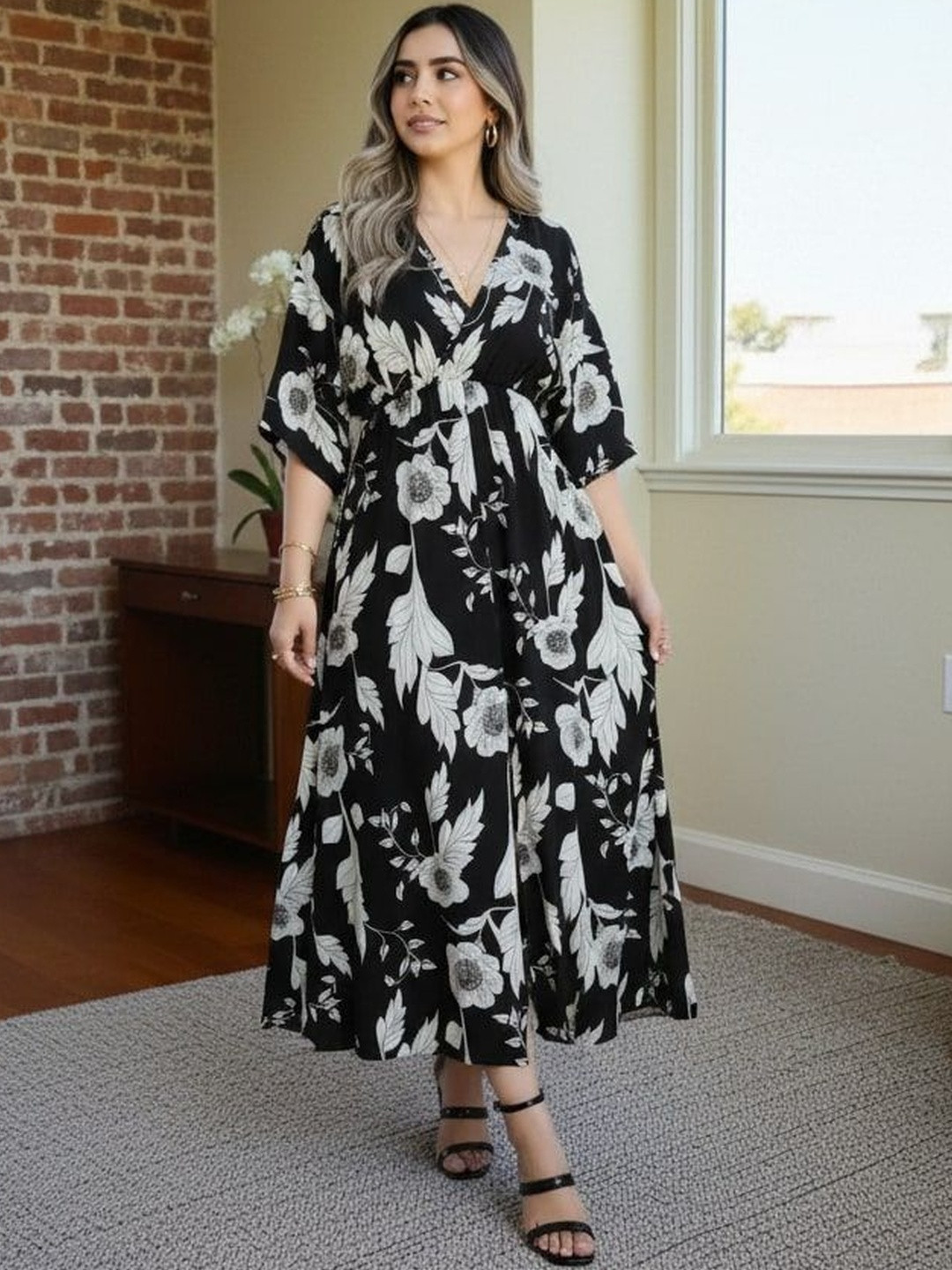 MANOJAVA Floral Print Kimono Sleeve A-Line Midi Dress