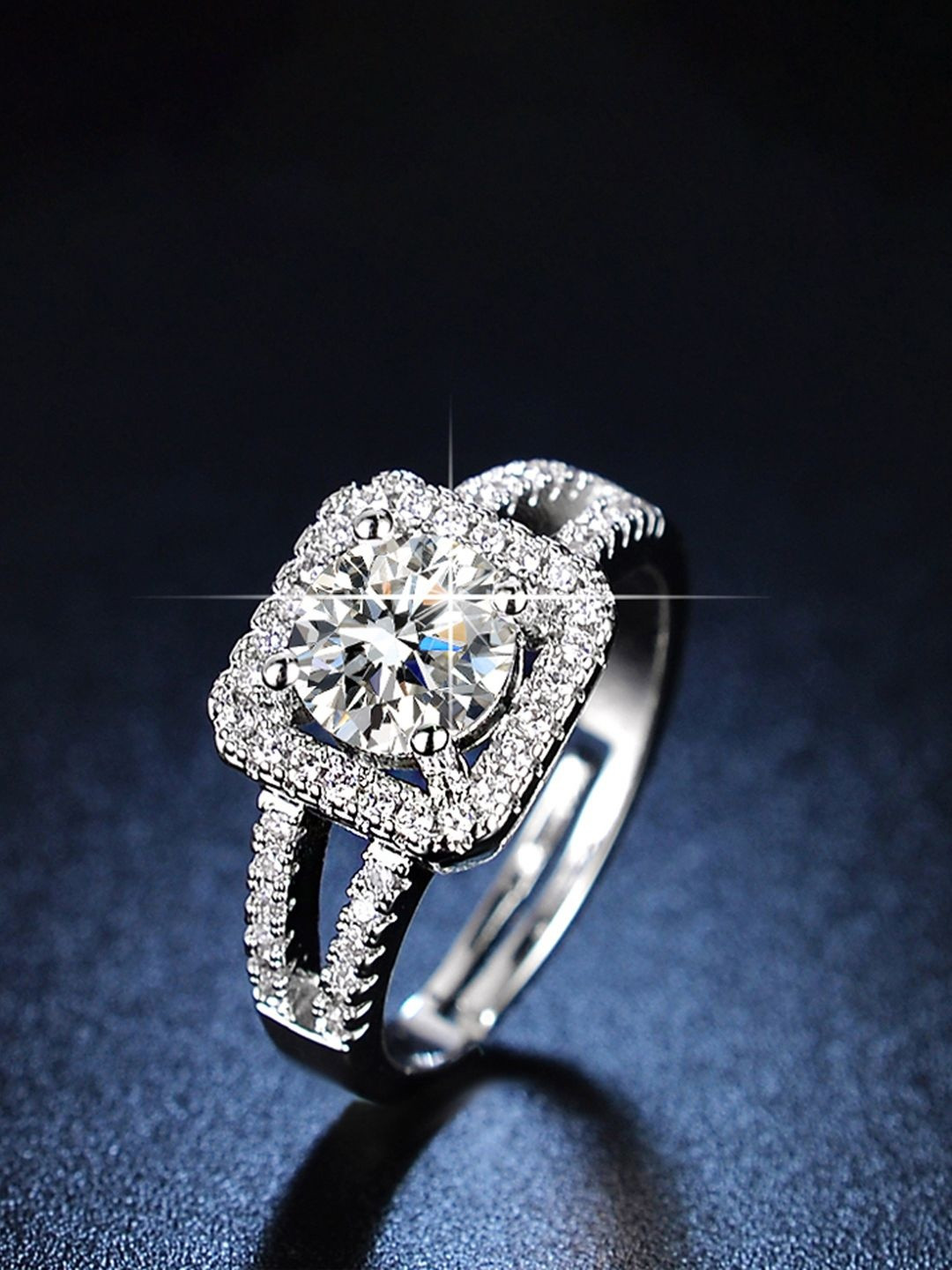 GOLDIWALA Silver-Plated Cubic Zirconia Studded Adjustable Finger Ring