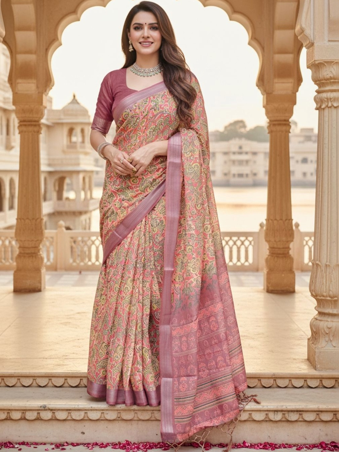 ZAMUNA Ethnic Motifs Linen Blend Handloom Bhagalpuri Saree