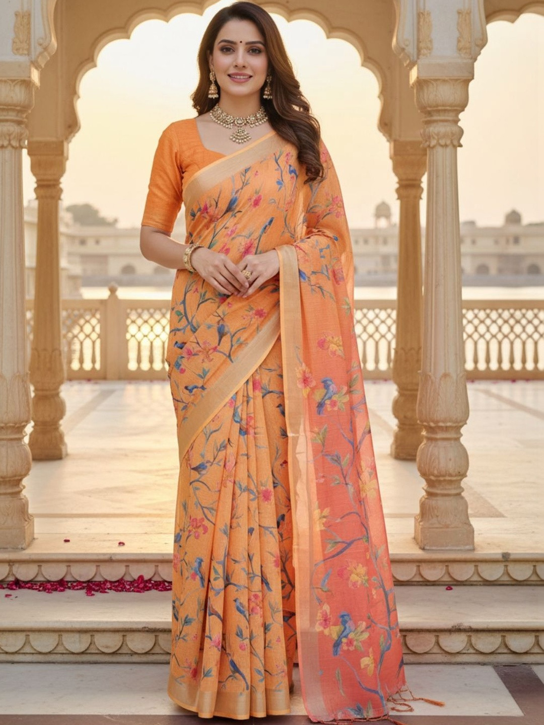 ZAMUNA Floral Linen Blend Bhagalpuri Saree