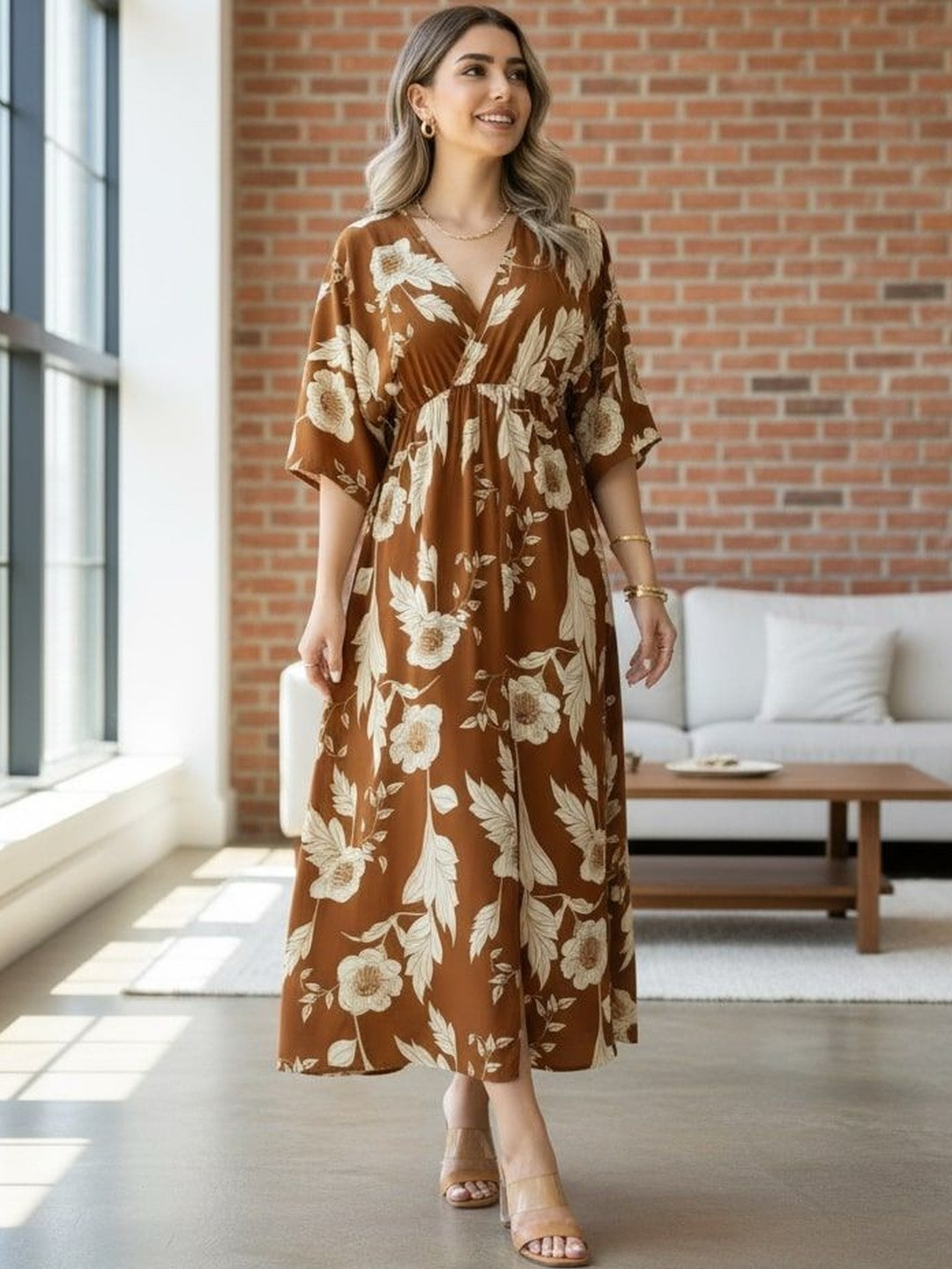 MANOJAVA Floral Print Batwing Sleeve Fit & Flare Midi Dress